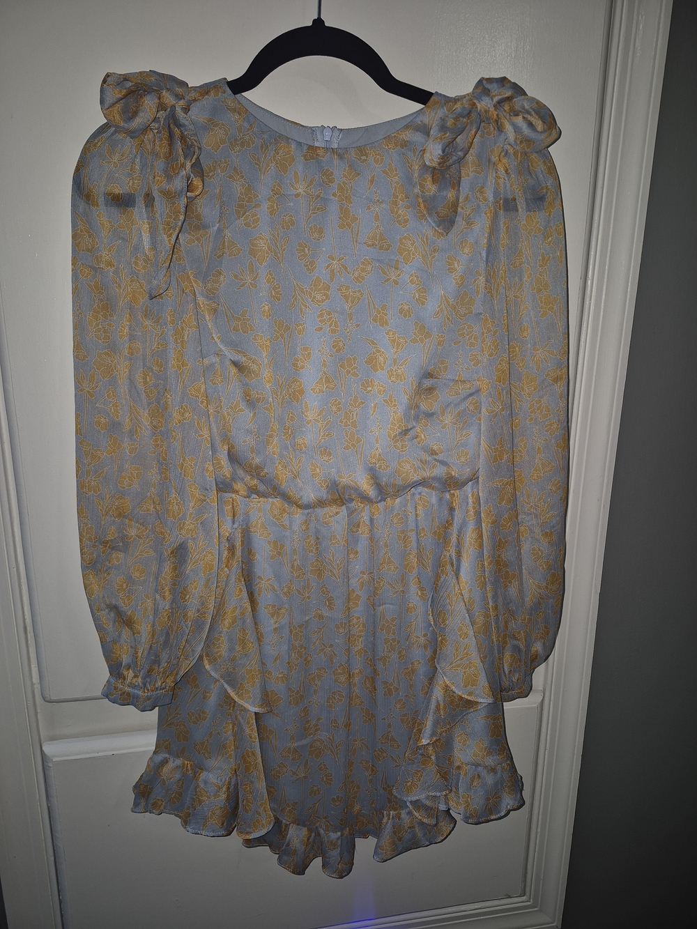 Light Blue and Gold Floral Tie-Shoulder Mini Dress